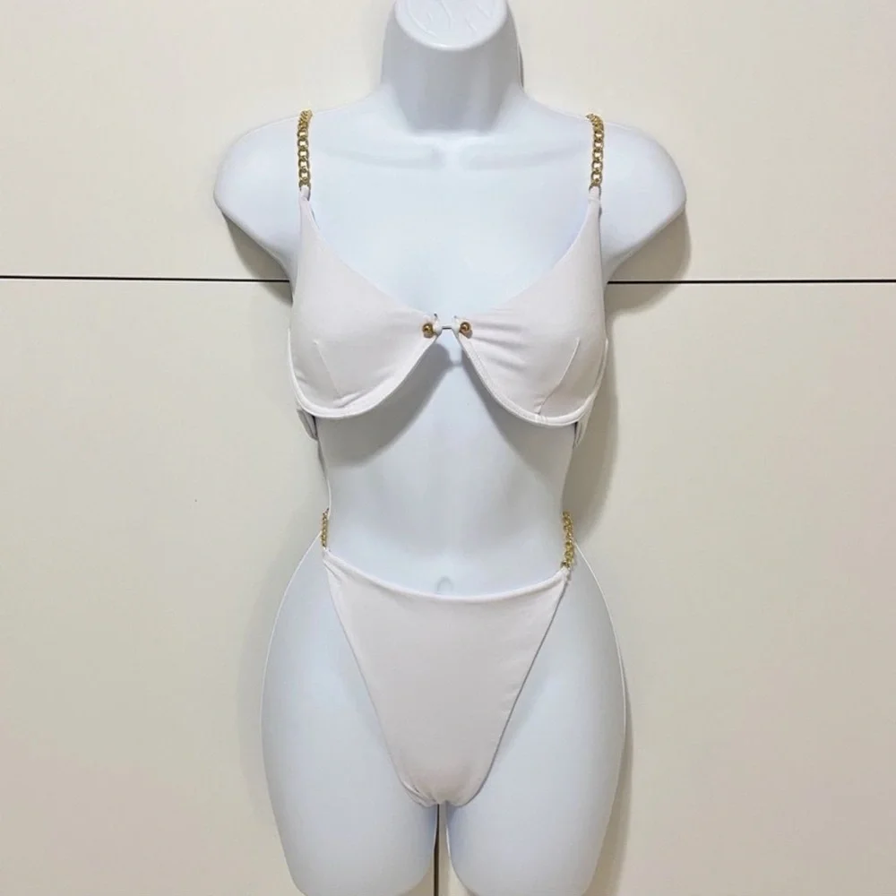 Sale! White Bikini with Gold Metal Strap Accents Women’s Size Large - Picture 2 of 5
